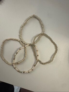 Beaded Stretch Bracelet Set - Ivory and Gold Accents